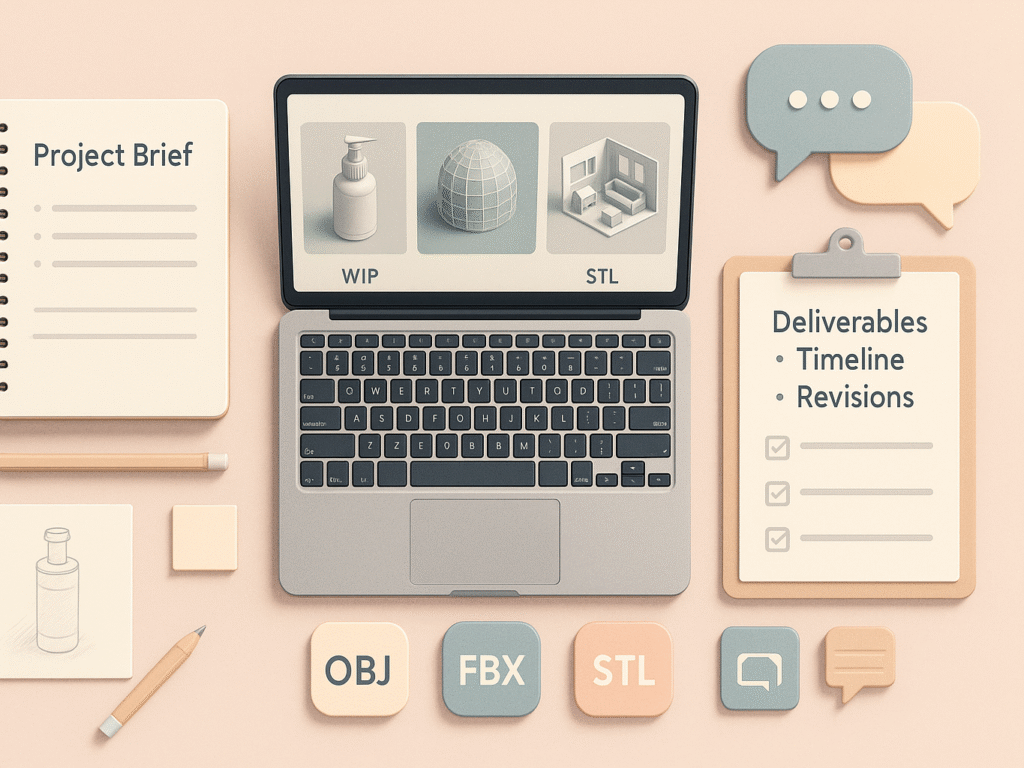 A minimalist flat-lay workspace featuring a laptop with 3D model previews, a project brief notebook, a checklist for deliverables and revisions, communication icons, and file-format symbols in a pastel, organized, professional layout.