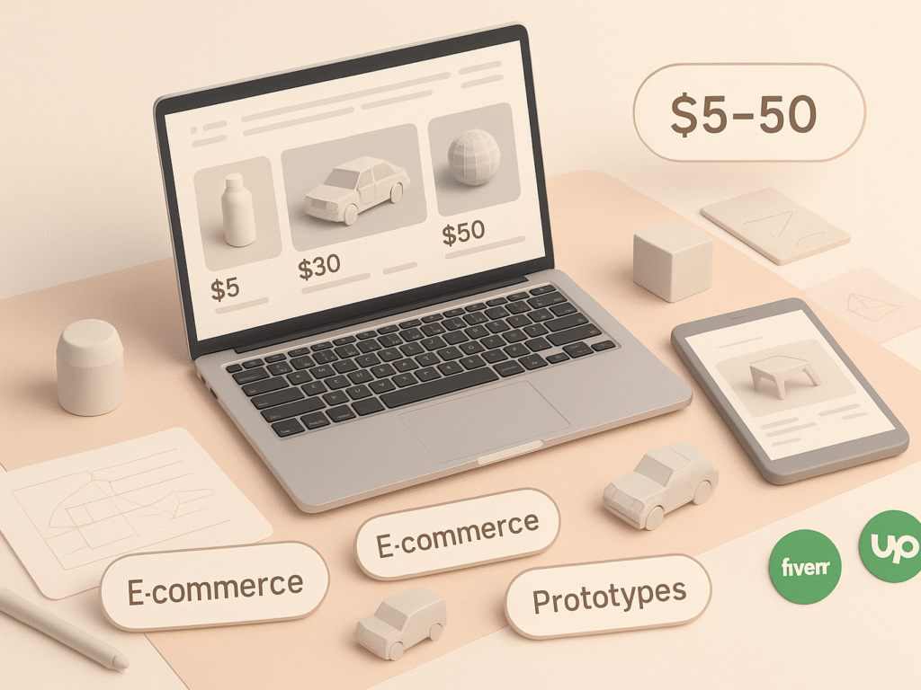 A modern flat-lay workspace featuring a laptop with affordable 3D model listings, simple 3D objects, price tags showing $5–$50, and design tools arranged in soft pastel tones to represent accessible, budget-friendly 3D modeling services.