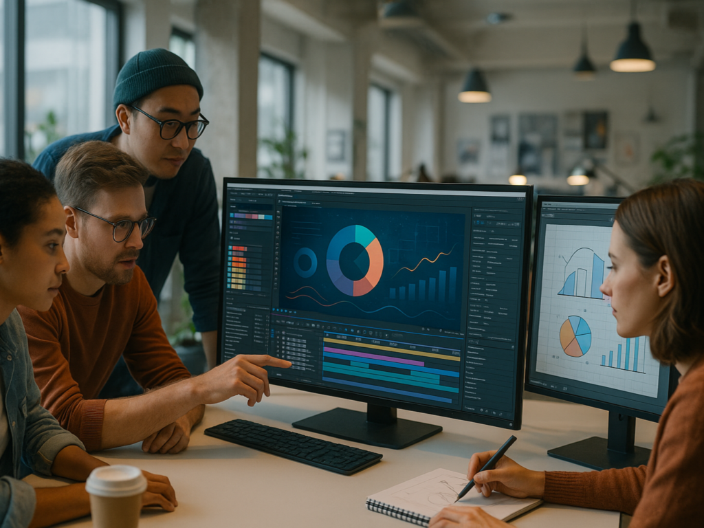 Creative team working on motion graphics with animation software on large monitors in a modern office setting, surrounded by sketches, graphics, and color palettes.