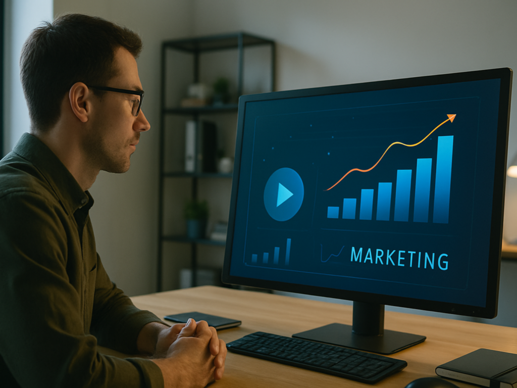Business marketer analyzing performance charts and motion graphic visuals on a computer screen in a bright, modern workspace.