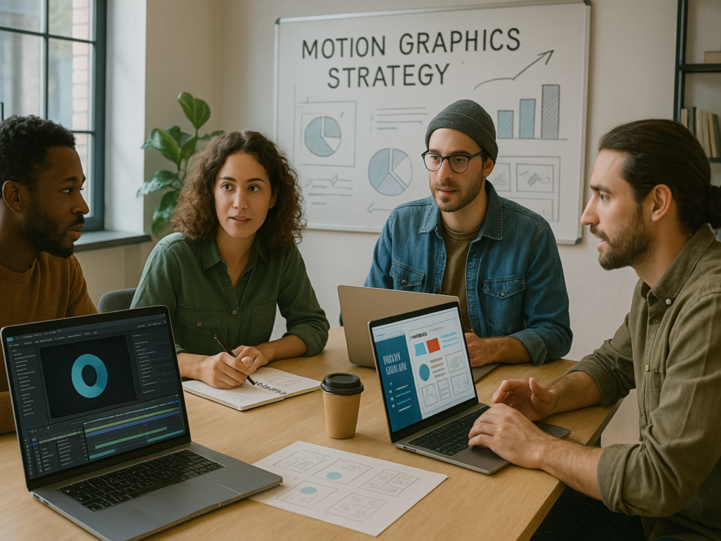 Creative team planning a motion graphics strategy using storyboards, laptops, and brand design guides in a collaborative office setting.