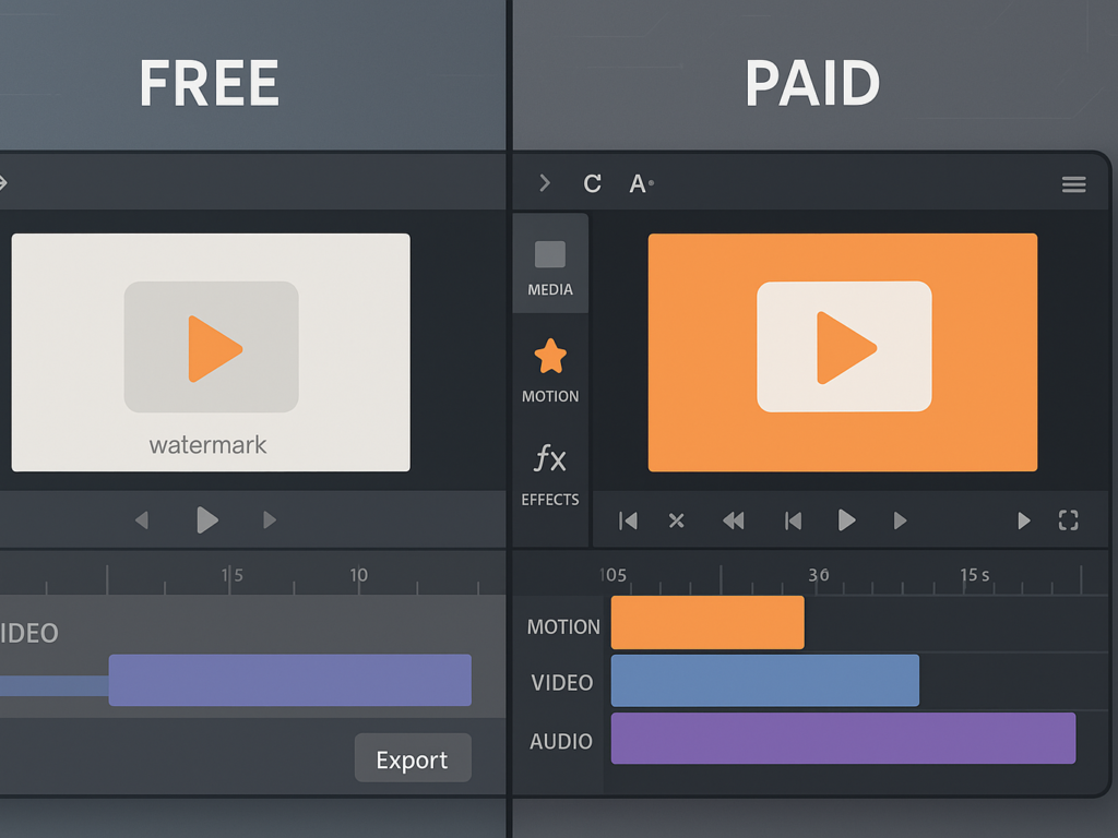 Side-by-side view of a free vs paid video editor interface showing basic vs advanced tools.

