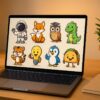 A laptop screen displaying colorful mascot character designs, with a person browsing AI design tools in a bright, modern workspace.