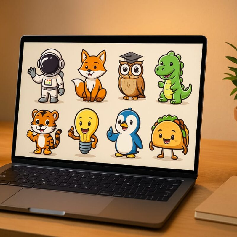A laptop screen displaying colorful mascot character designs, with a person browsing AI design tools in a bright, modern workspace.