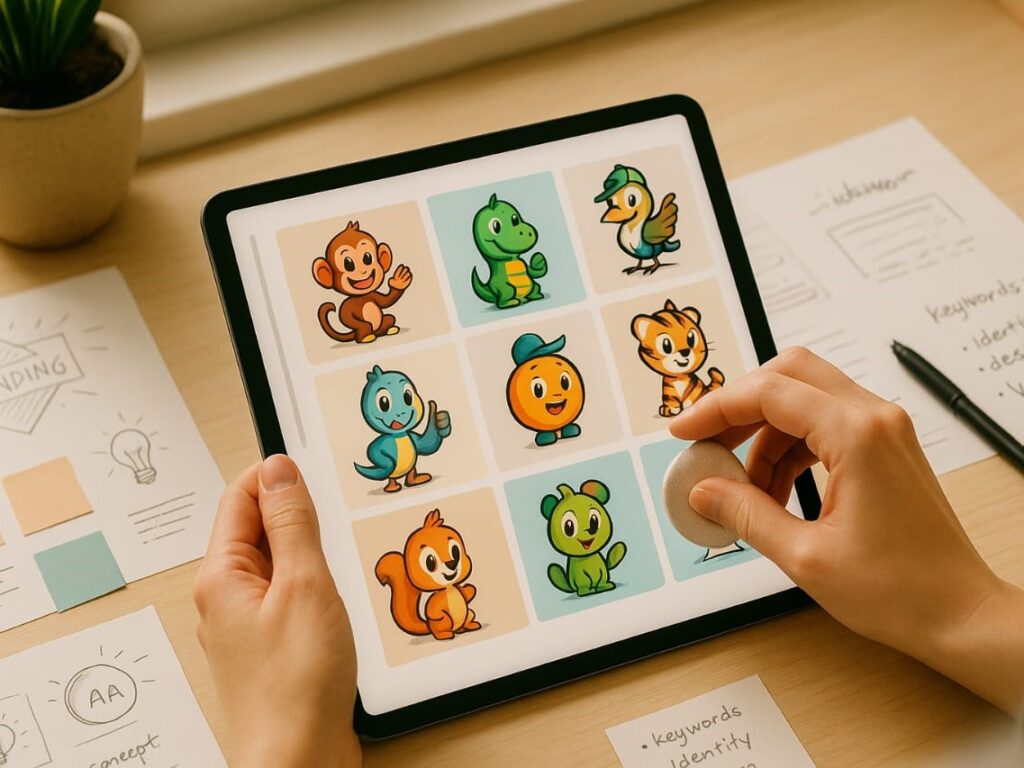 A designer reviewing playful digital mascot concepts on a tablet, surrounded by branding sketches and color palettes on a desk.

