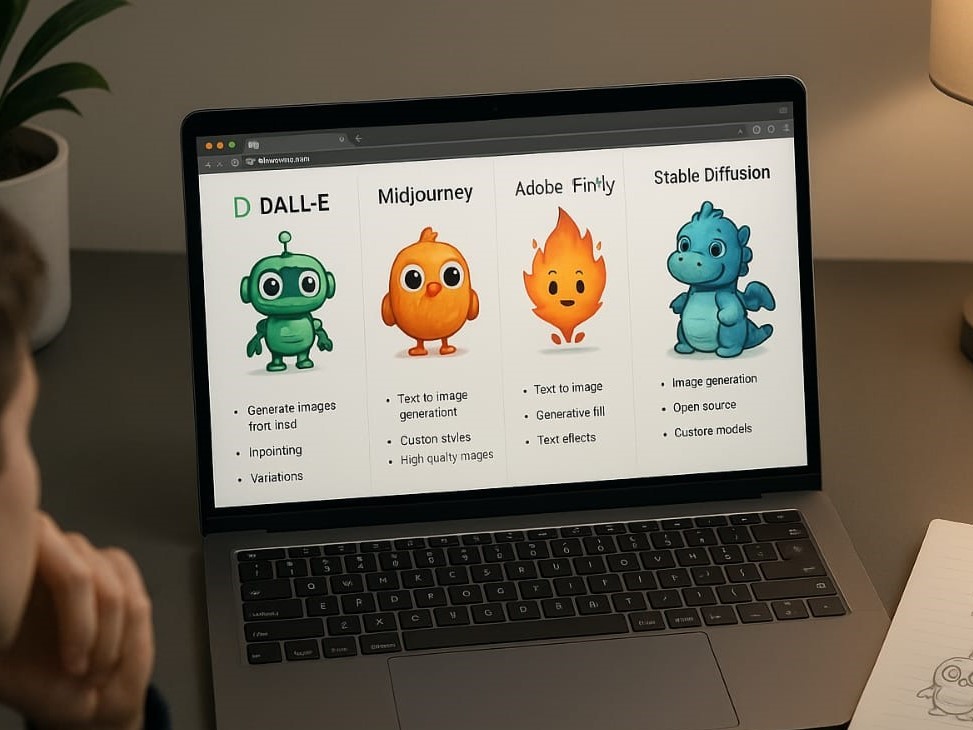 A laptop displaying multiple mascot design platforms side-by-side, each showcasing colorful AI-generated characters, with a person reviewing the options.

