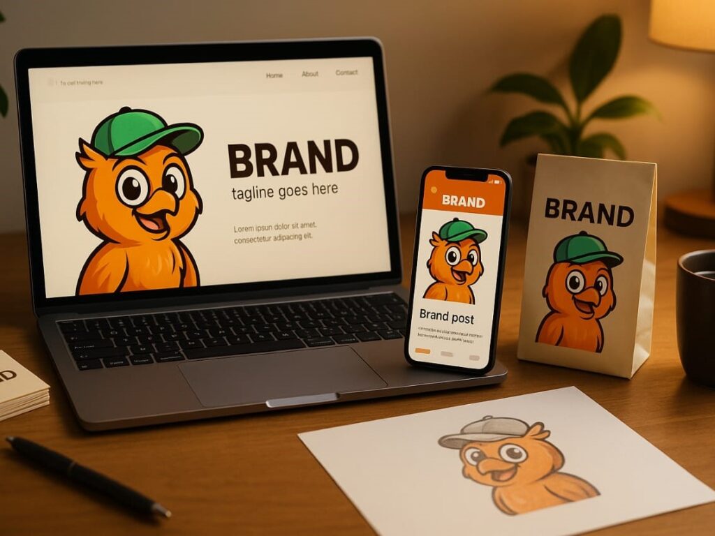 A colorful brand mascot featured across different materials.