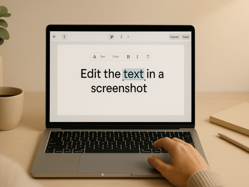 person editing text in a screenshot on a laptop screen