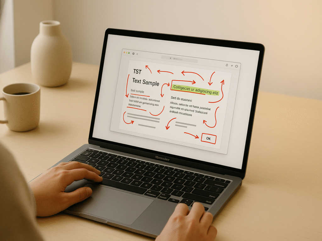 person reviewing cluttered screenshot with too many annotations on laptop