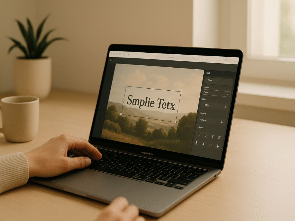  person editing AI-generated image text on laptop screen in bright workspace