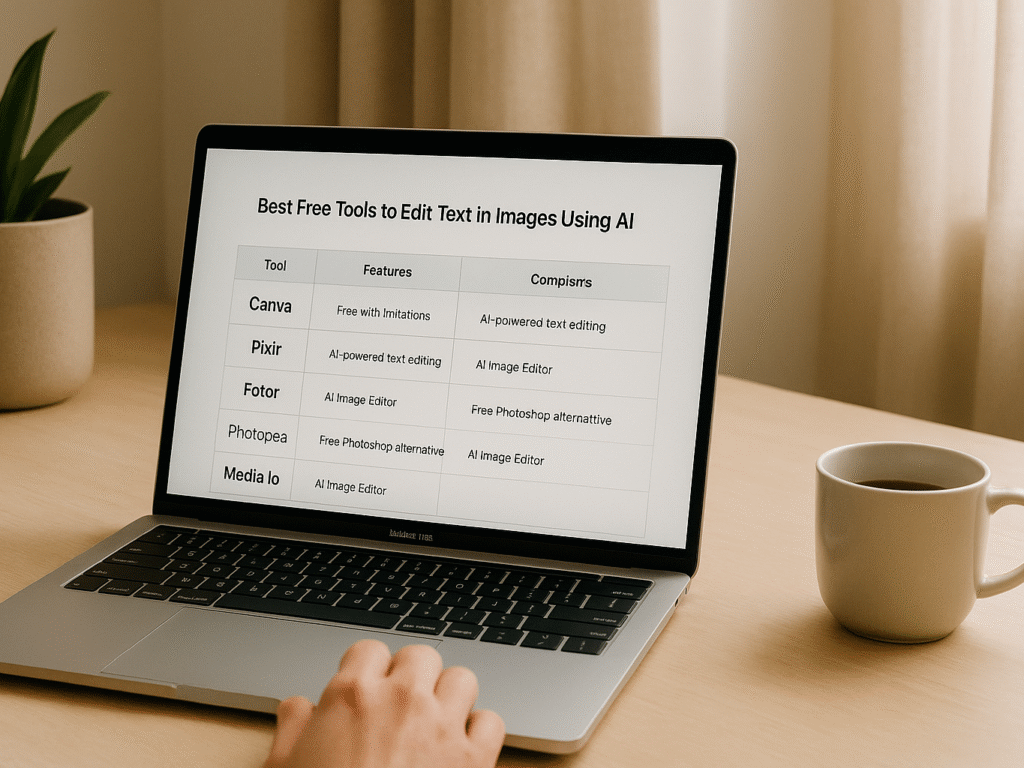 laptop screen showing comparison of top AI text editing tools like Canva, Pixlr, and Fotor on minimalist desk