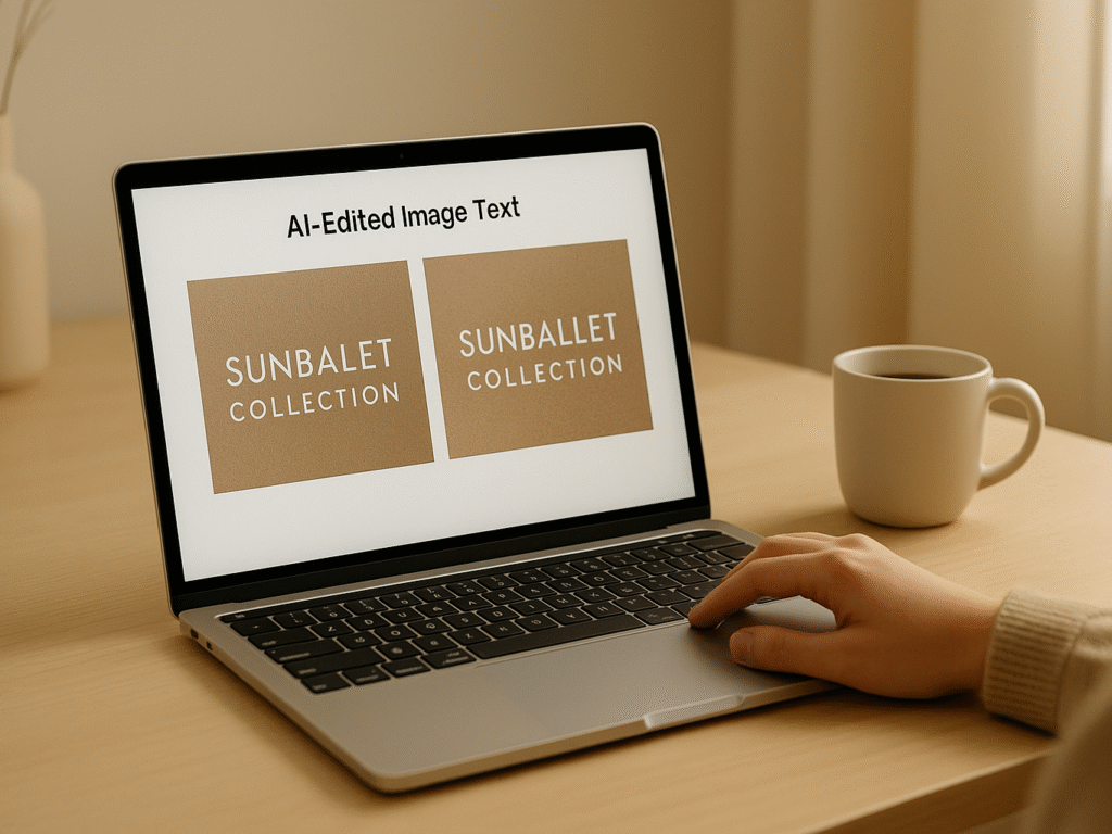 person reviewing AI text editing results on laptop in cozy modern workspace