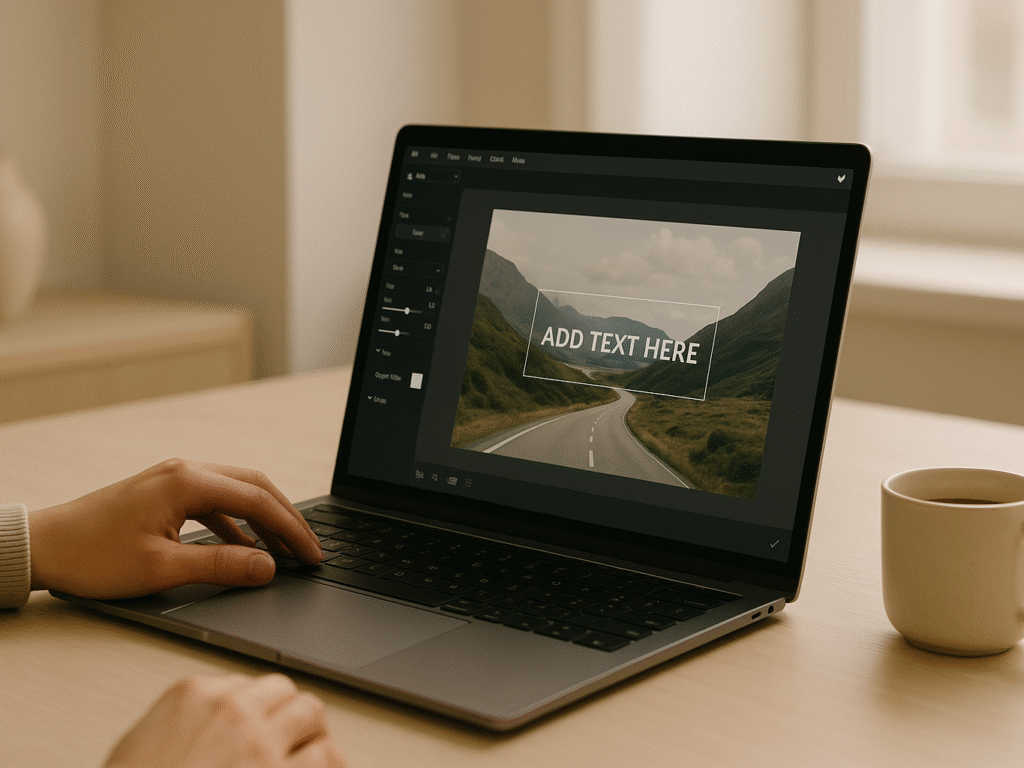 person editing photo text on laptop in bright minimalist workspace