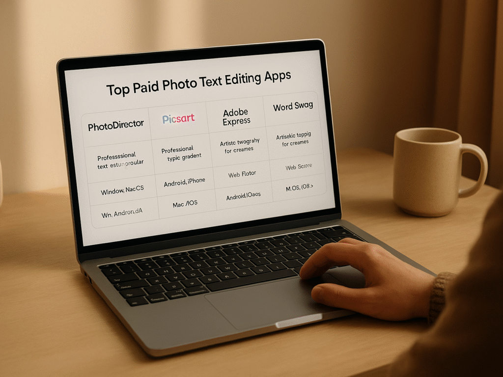 person comparing top paid photo text editing apps on laptop in modern workspace