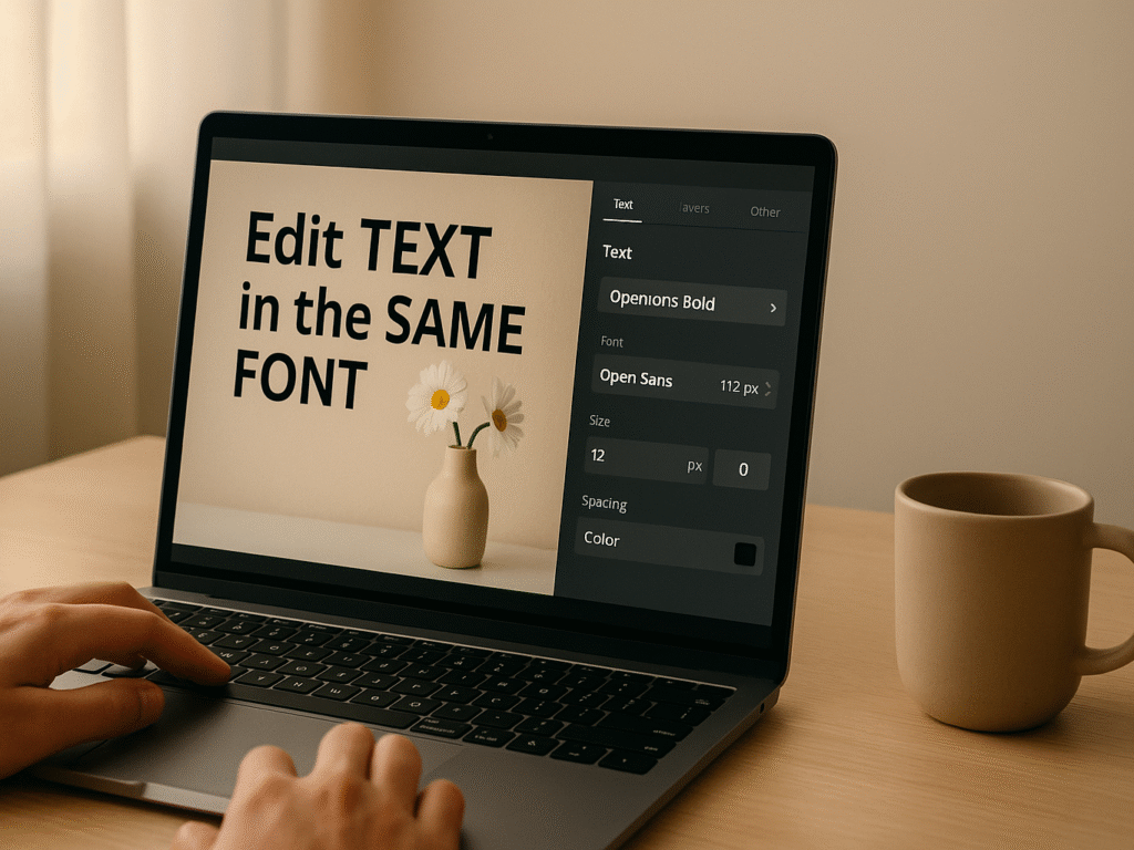  person editing photo text to match original font style on laptop