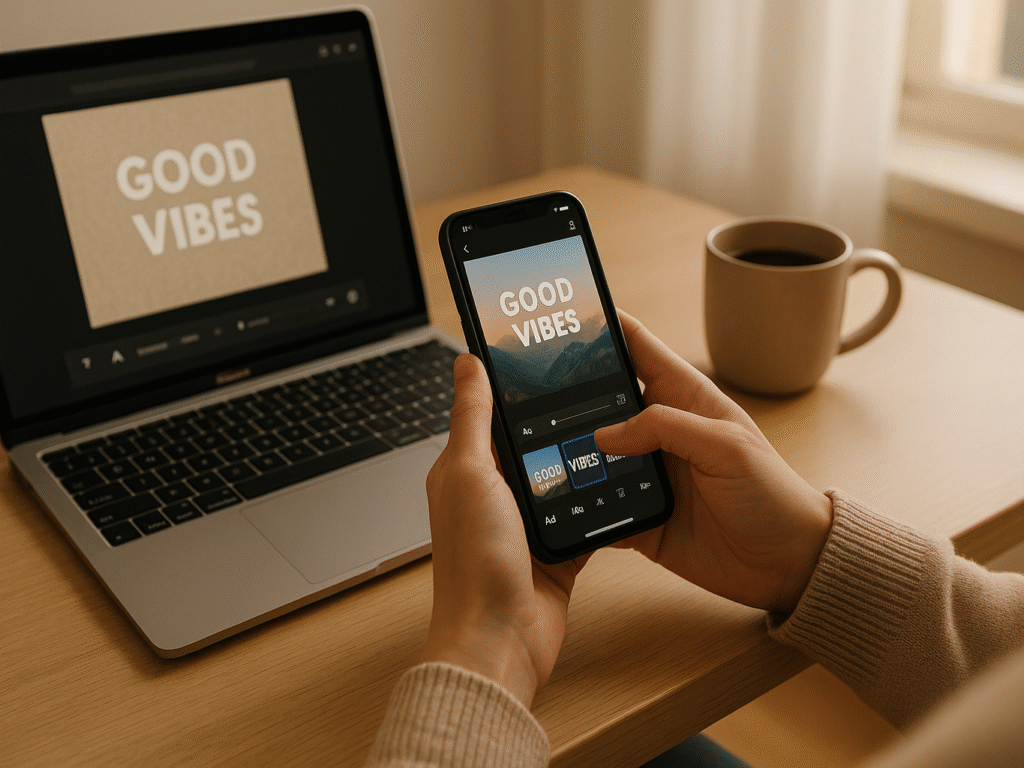 person using smartphone to edit photo text with creative fonts in bright workspace
