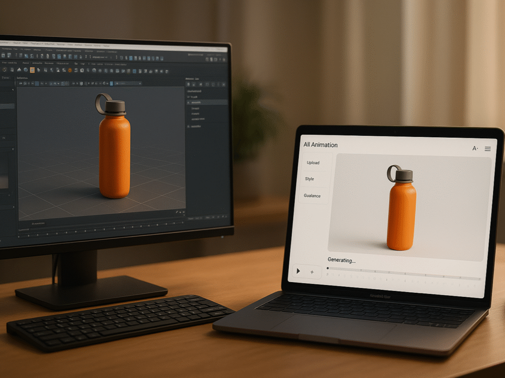 A product being animated with studio software on one side and AI tools on the other.

