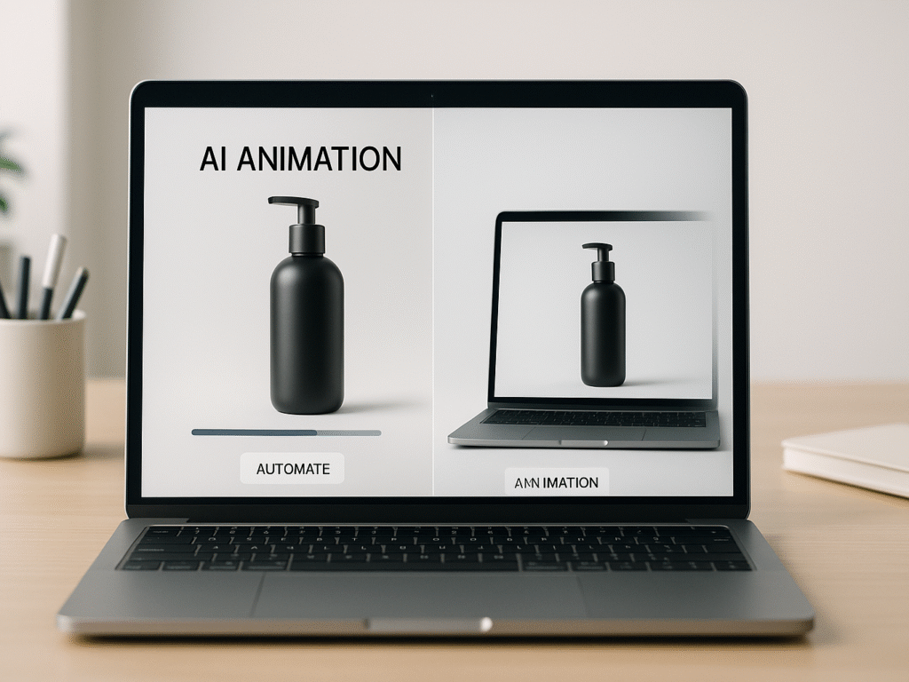 A laptop screen showing AI animation software creating a product animation.
