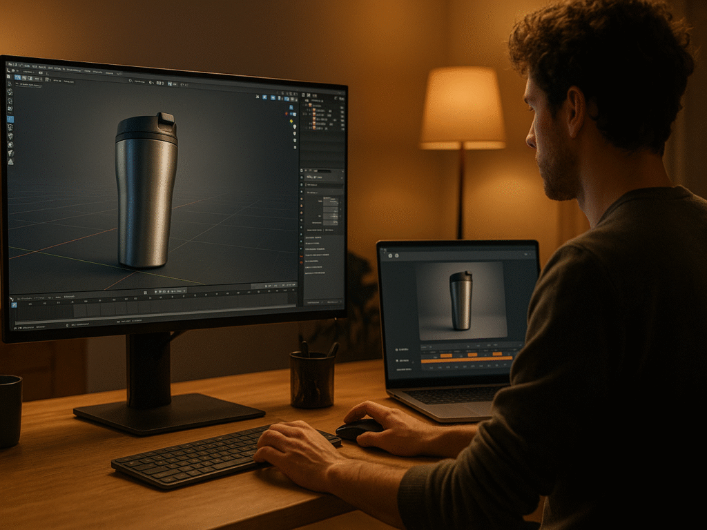 3D artist working on a product animation while another screen shows AI software creating a similar animation.
