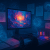 Collage of futuristic AI-generated digital artworks with a Midjourney artist working on a computer.