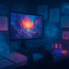 Collage of futuristic AI-generated digital artworks with a Midjourney artist working on a computer.