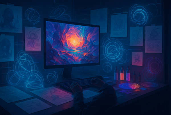 Collage of futuristic AI-generated digital artworks with a Midjourney artist working on a computer.