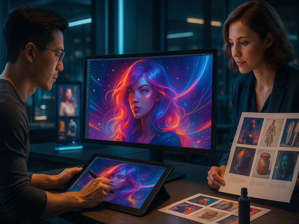 MidJourney AI artist collaborating with a client on a tablet.