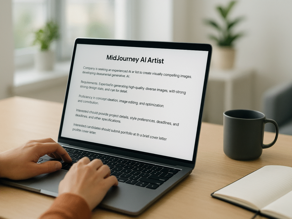 Business professional posting a detailed MidJourney AI artist job listing on a laptop.