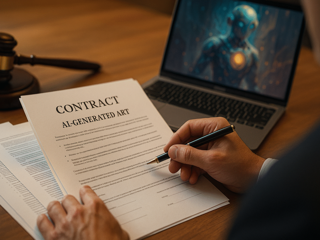Lawyer reviewing AI-generated artwork contract, focusing on copyright and ethical guidelines.