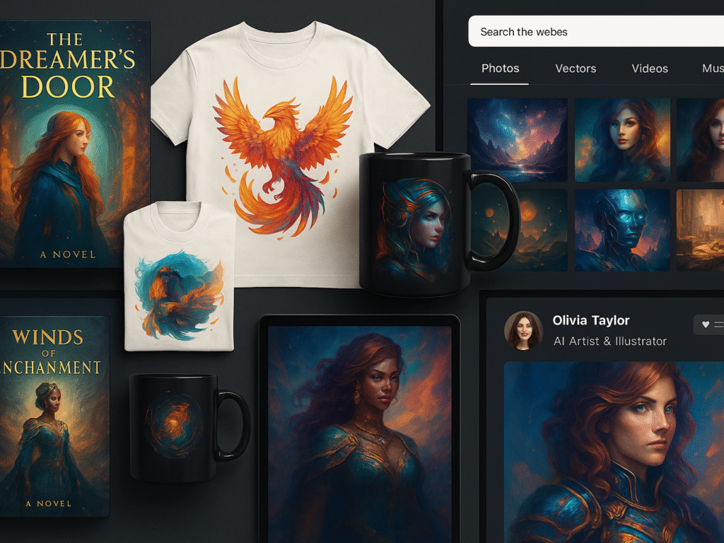 Collage of AI-generated artwork on book covers, merchandise, stock photo sites, and freelance platforms.