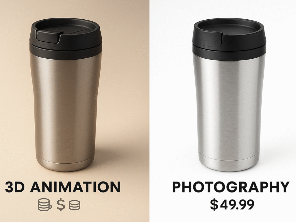 A product displayed with price tags, comparing the cost of creating it through 3D animation versus traditional product photography.