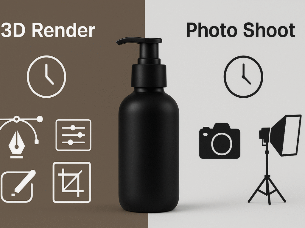 Side-by-side view comparing how quickly a product can be created with 3D rendering versus a traditional photo shoot.