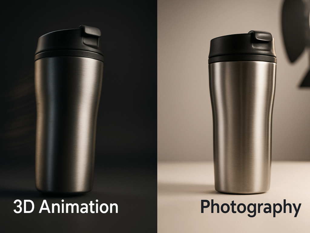 Comparison of a product shown as a 3D animation and as a professional photograph.