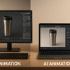 A desk showing two setups—one with pro 3D animation software and one with AI animation software, both working on the same product.