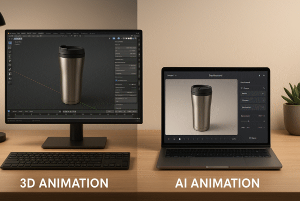 A desk showing two setups—one with pro 3D animation software and one with AI animation software, both working on the same product.