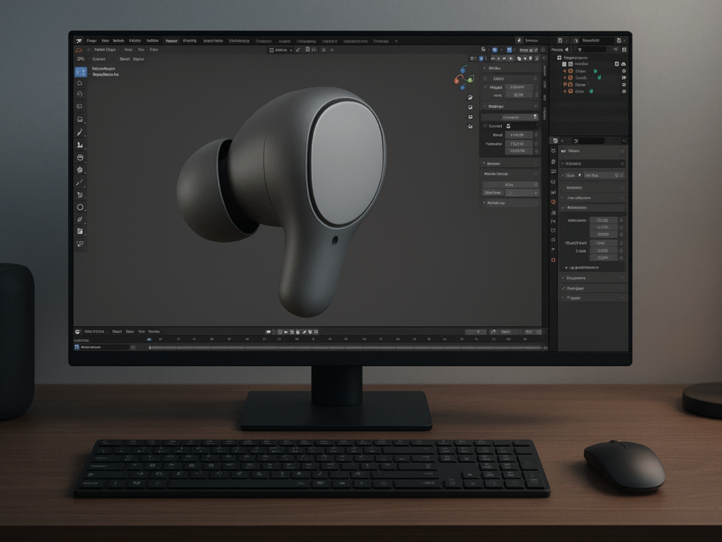 A computer screen showing professional 3D animation software with a product model being worked on.