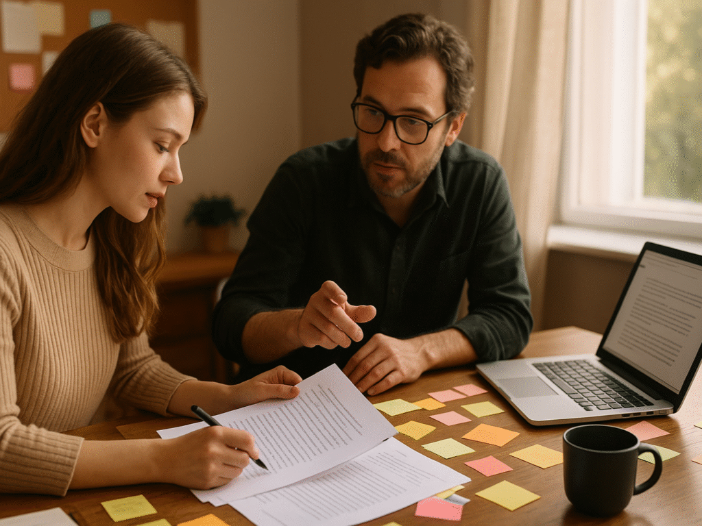 Writer and alpha reader sitting at a desk covered with papers, sticky notes, and coffee mugs, discussing story ideas from a rough draft manuscript.