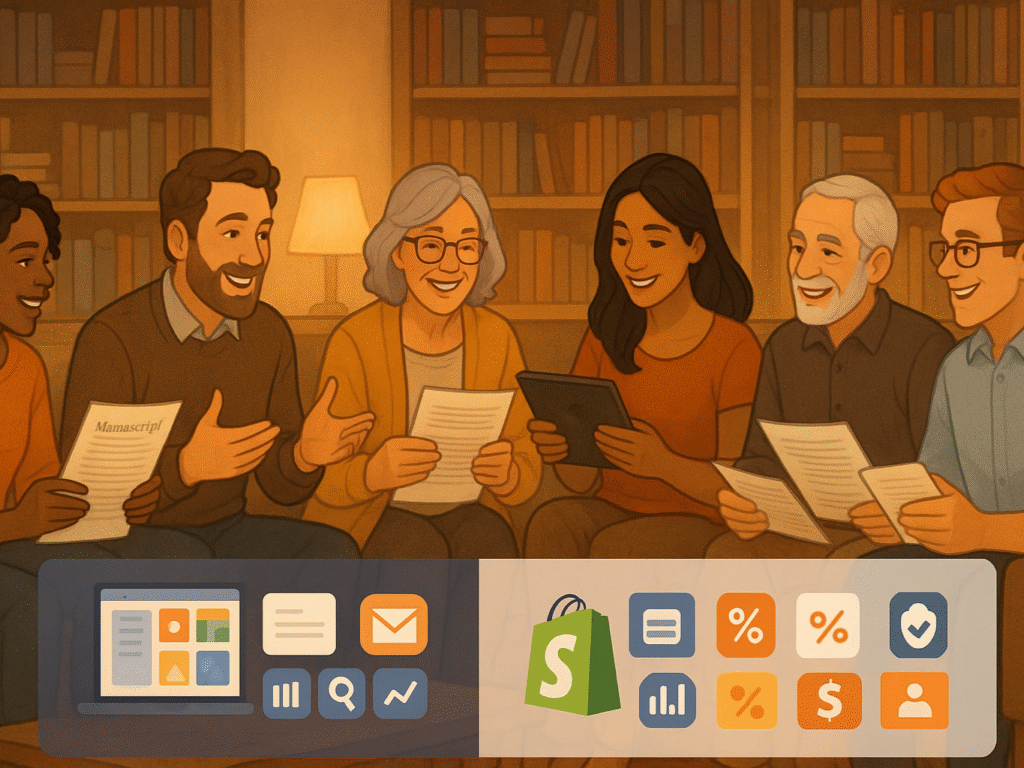 Group of diverse beta readers in a cozy living room, discussing a polished manuscript.