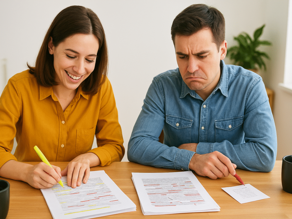 Two writers reviewing the same manuscript but giving opposite reactions.