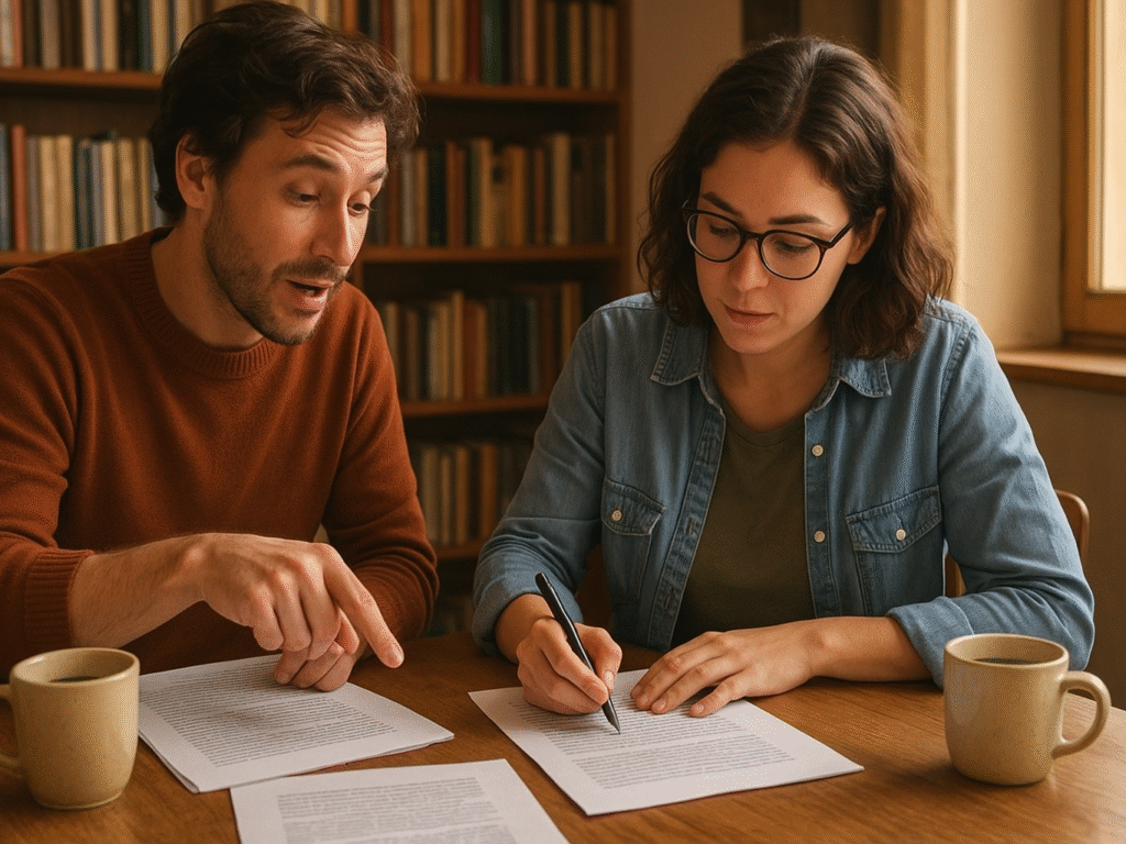 Two writers sitting at a shared desk, both with printed manuscripts; one smiling while giving constructive notes, the other attentively listening and taking notes.