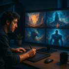 Modern creative workspace with a digital artist using Midjourney AI on a large screen.