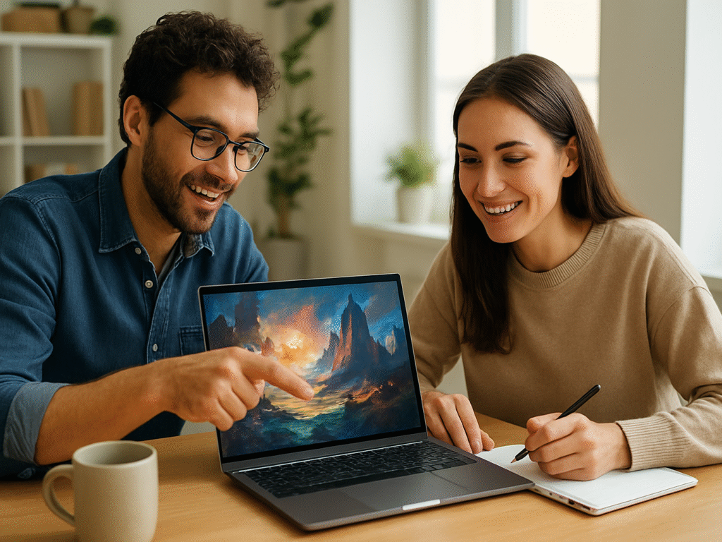 Two creatives collaborating at a desk.