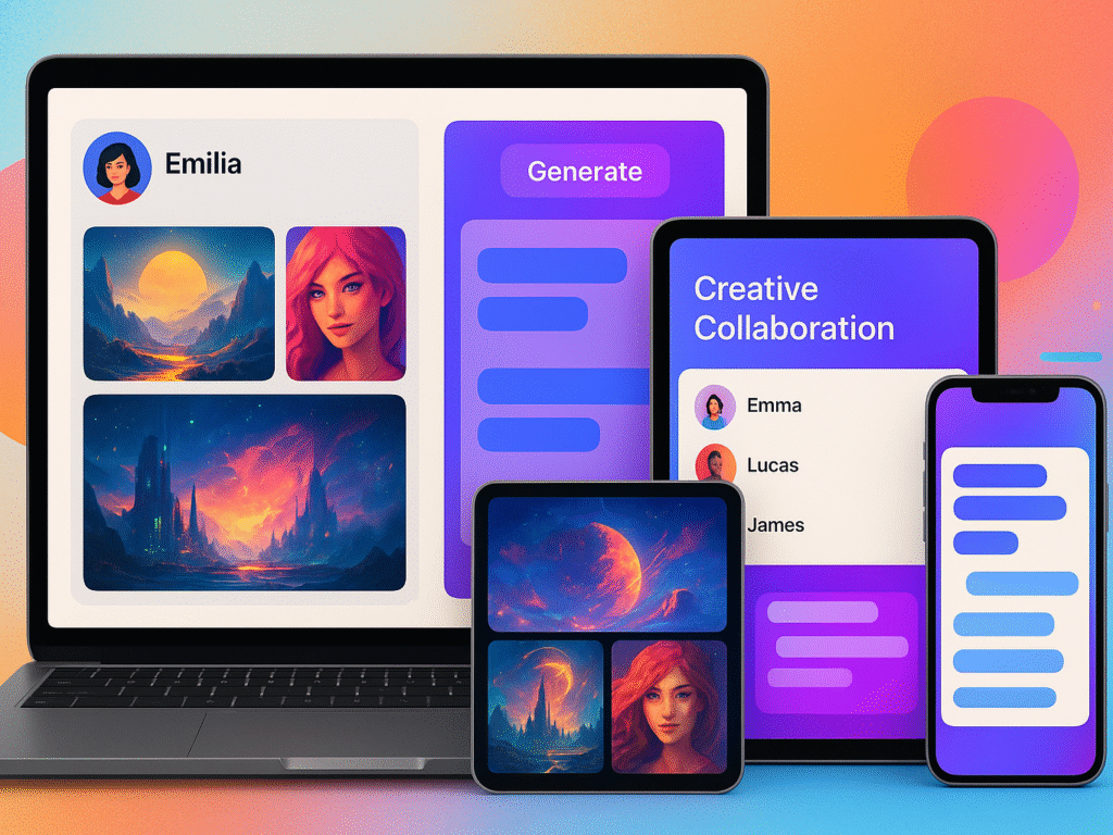 Collage of multiple devices showing different online platforms, with creative project chats, AI art images, and profile pages of artists.