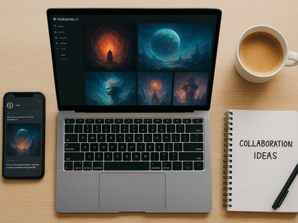 Creative workspace with a laptop showing AI-generated art, a smartphone open to a Discord chat, and scattered notes labeled “Collaboration Ideas”