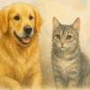 Watercolor painting of a golden retriever and tabby cat.