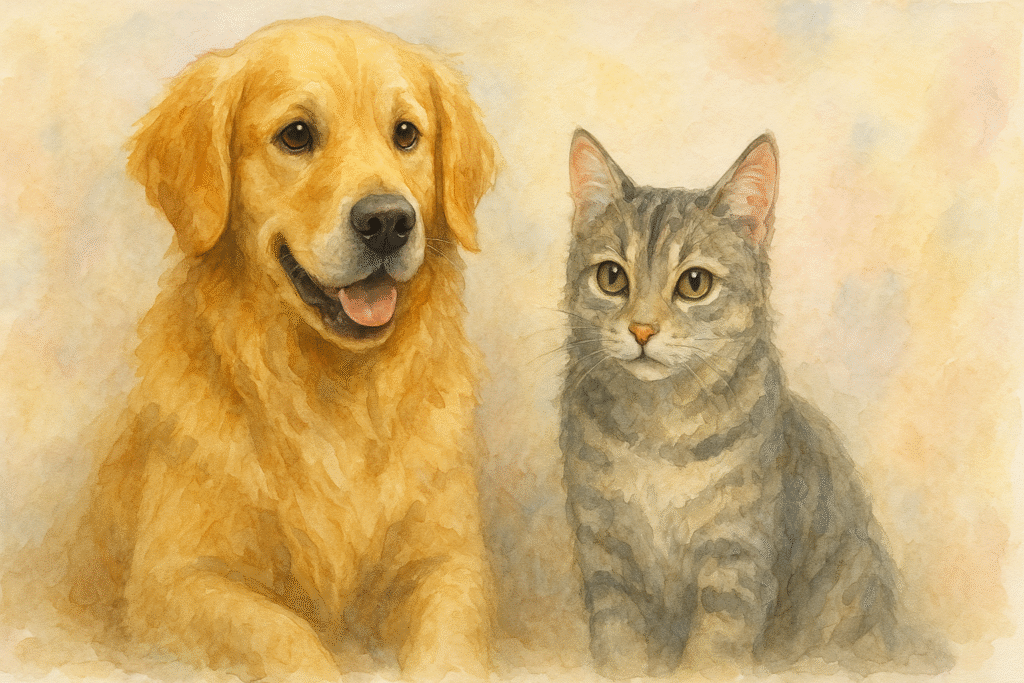 Watercolor painting of a golden retriever and tabby cat.