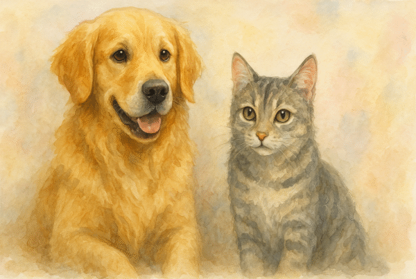 Watercolor painting of a golden retriever and tabby cat.