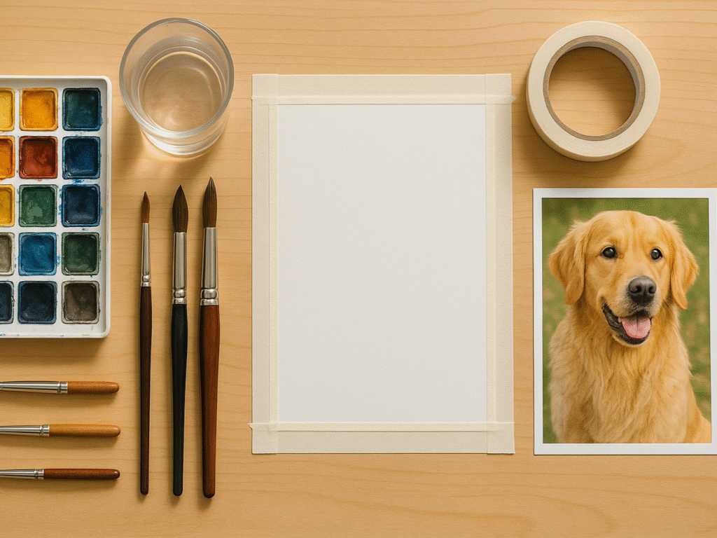 Flat lay of watercolor painting supplies and a pet reference photo arranged on a desk.