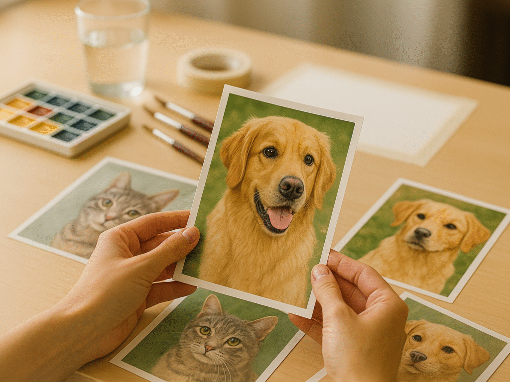 Artist reviewing printed pet photos on a table.