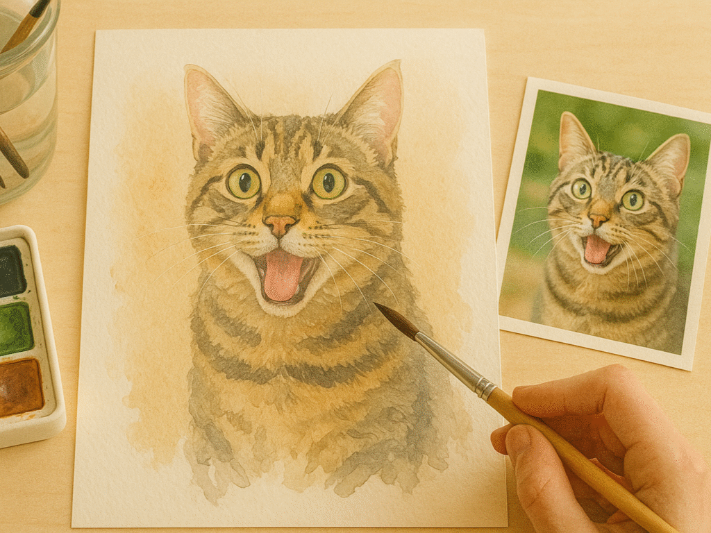 Watercolor painting of a playful cat on textured paper, with expressive brushstrokes.